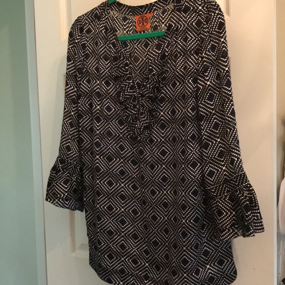Tory Burch Tops - Tory Burch Ruffle Blouse Navy White Diamond Sheer Tunic Ruffle Blouse Shirt 8